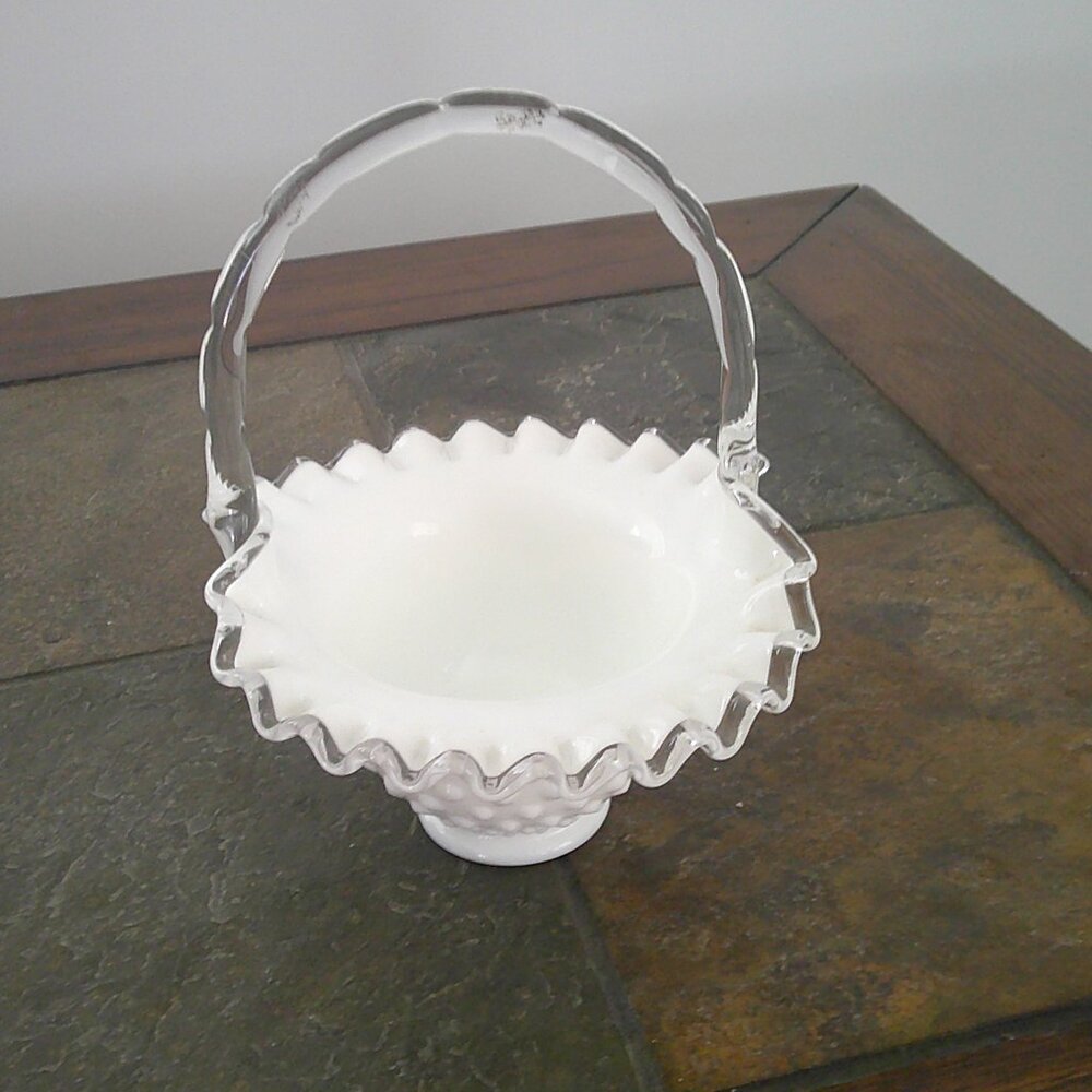Vintage Fenton Silver Crest White Milk Glass Basket-Crimped-Bamboo Like Handle-t - Picture 2 of 5